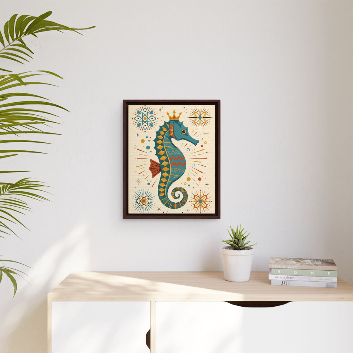 Mid Century Modern Seahorse Framed Canvas Wall Art, Retro Seahorse Print, 1950s Bathroom Ocean Decor
