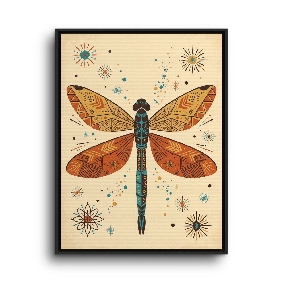 Mid Century Modern Dragonfly Framed Canvas Wall Art, Retro Dragonfly Print, 1950s Nature Decor