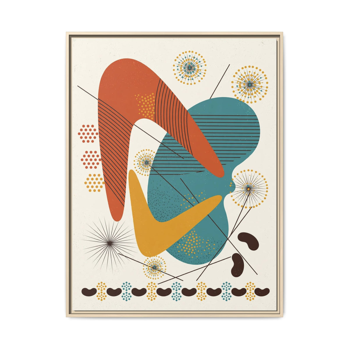 Mid Century Modern Boomerang Framed Canvas Wall Art, Abstract Retro Print, 1950s Teal Burnt Orange Decor