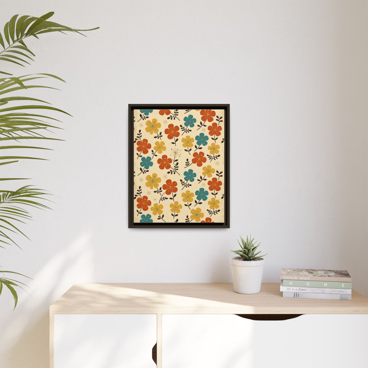 Mid Century Modern Floral Framed Canvas Wall Art, Retro Flower Pattern Print, 1950s Orange Teal Decor