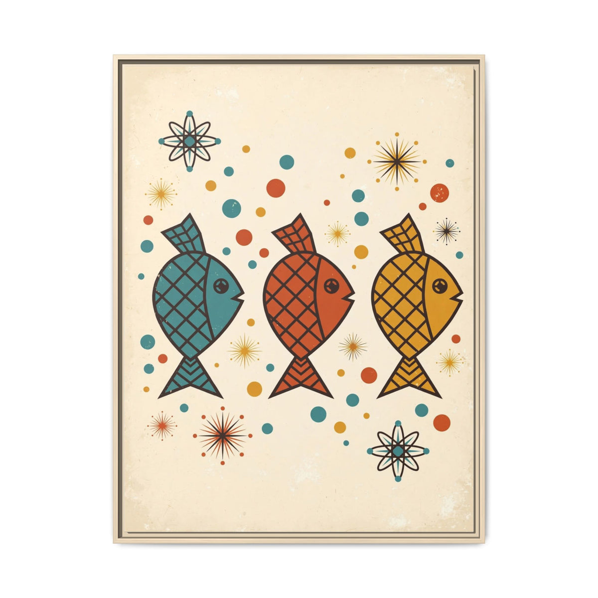 Mid Century Modern Fish Framed Canvas Wall Art, Retro Atomic Fish Print, 1950s Bathroom Ocean Decor