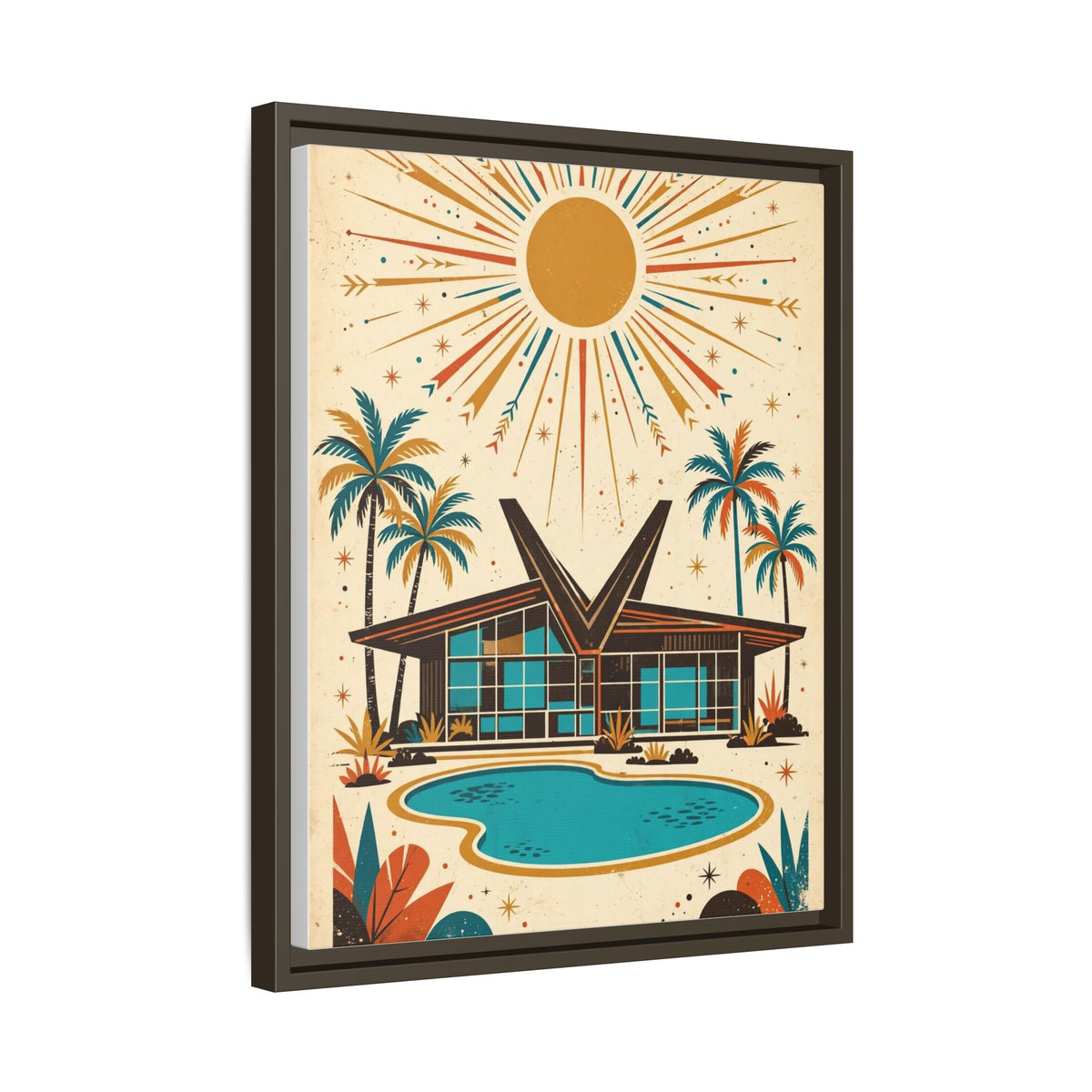 Mid Century Modern House Framed Canvas Wall Art, Butterfly Roof Print, Retro Palm Springs Pool Decor