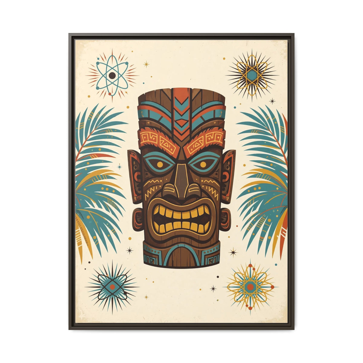 Mid Century Modern Tiki Framed Canvas Wall Art, Retro Tiki Bar Print, Palm Tropical 1950s Decor