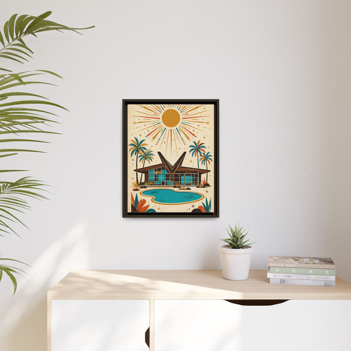 Mid Century Modern House Framed Canvas Wall Art, Butterfly Roof Print, Retro Palm Springs Pool Decor