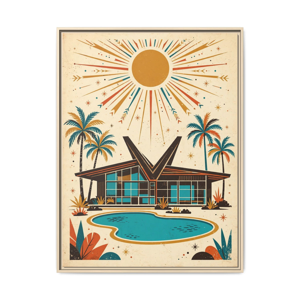 Mid Century Modern House Framed Canvas Wall Art, Butterfly Roof Print, Retro Palm Springs Pool Decor