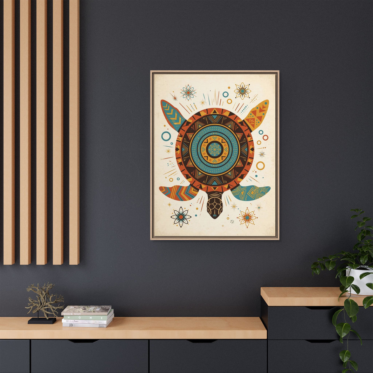 Mid Century Modern Turtle Framed Canvas Wall Art, Retro Sea Turtle Print, 1950s Ocean Decor