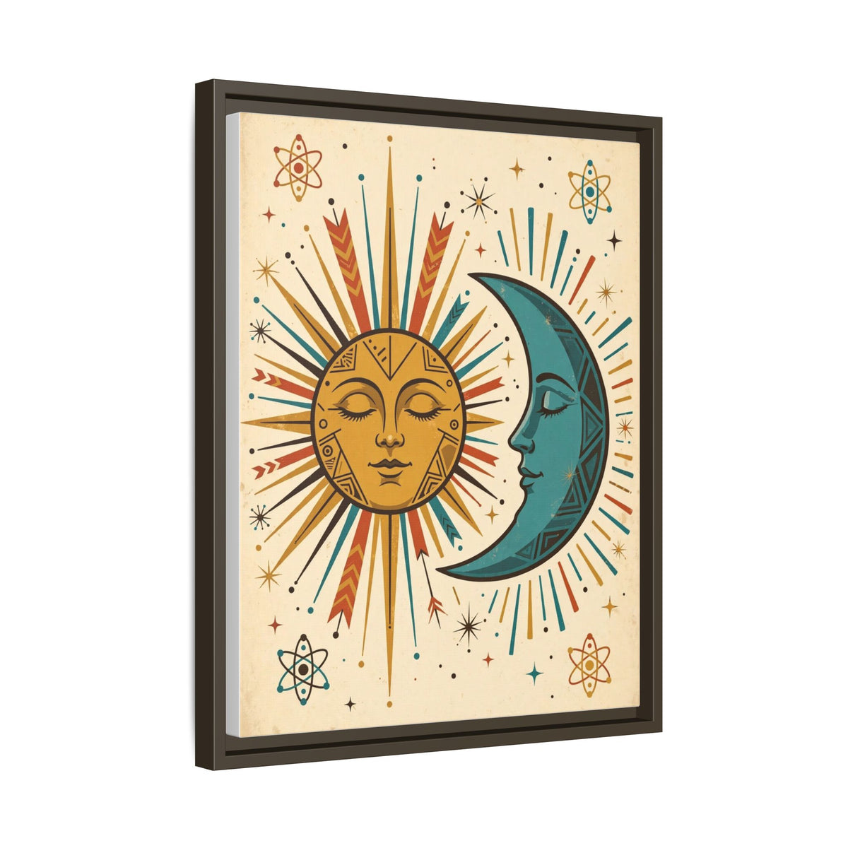 Mid Century Modern Sun and Moon Framed Canvas Wall Art, Retro Celestial Print, 1950s Gold Teal Decor