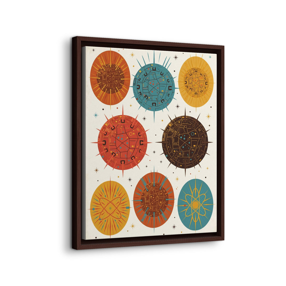 Mid Century Modern Starburst Medallions Framed Canvas Wall Art, Retro Pattern Print, 1950s Decor