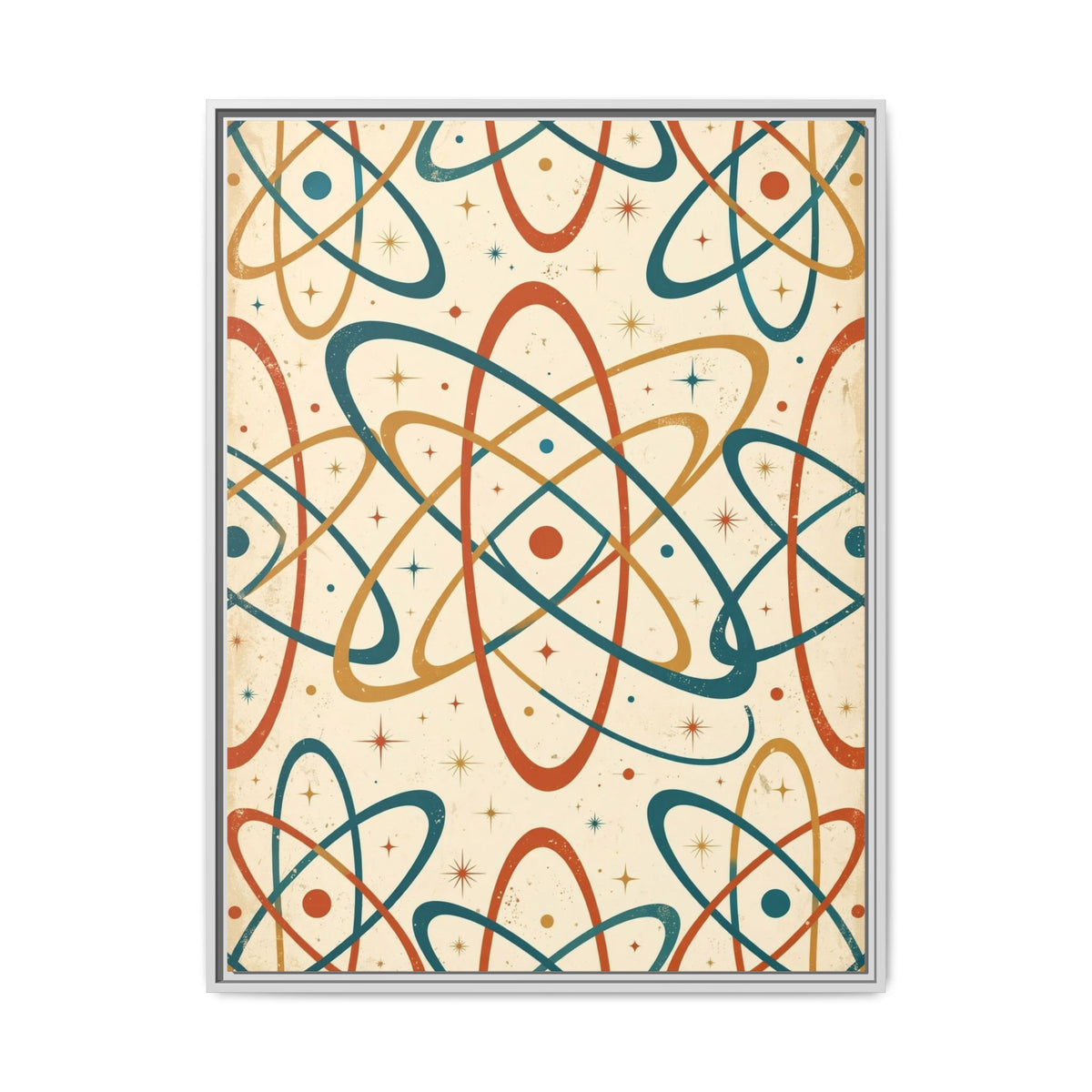 Mid Century Modern Atomic Orbit Framed Canvas Wall Art, Retro Atom Pattern Print, 1950s Teal Orange Decor