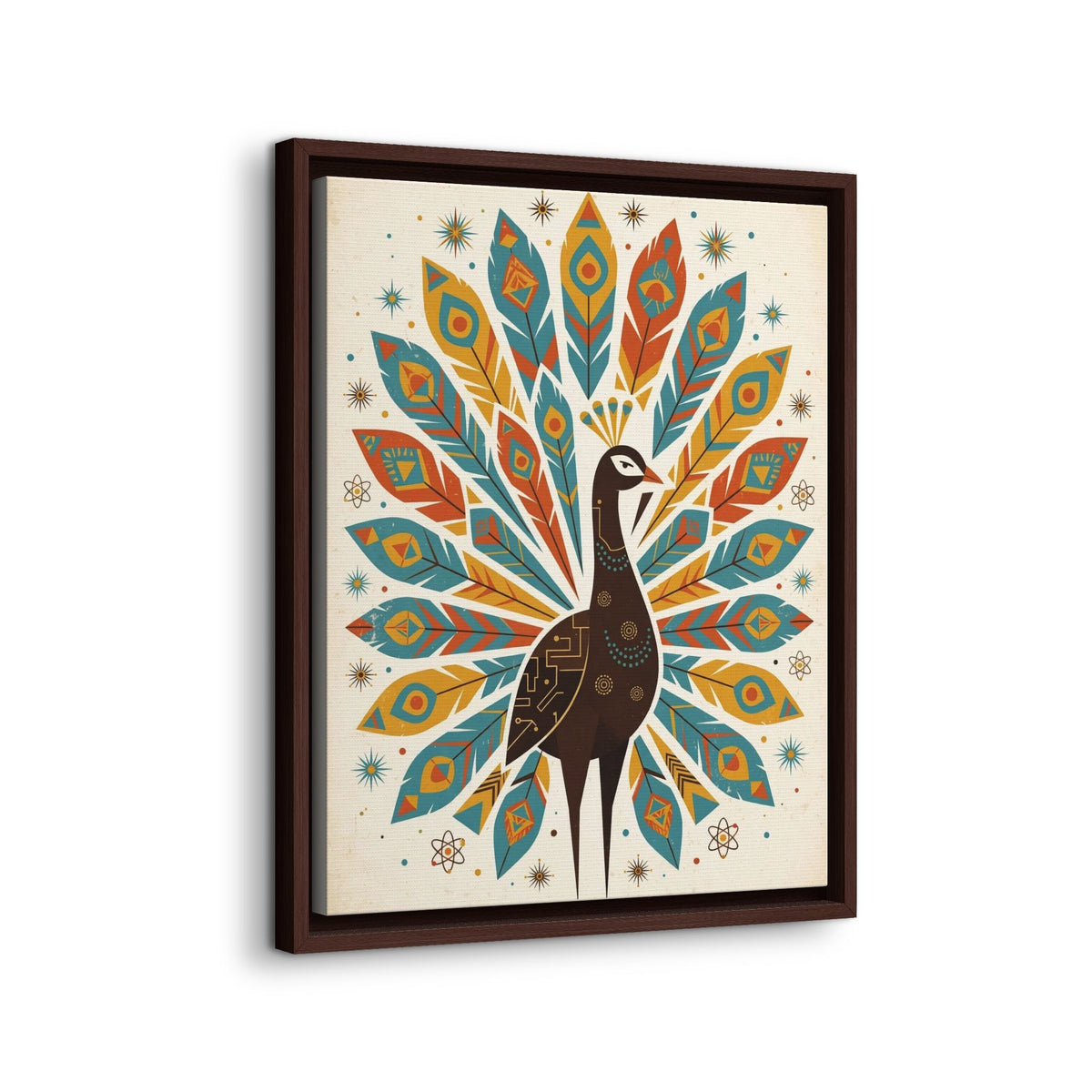 Mid Century Modern Peacock Framed Canvas Wall Art, Retro Peacock Print, 1950s Teal Gold Decor