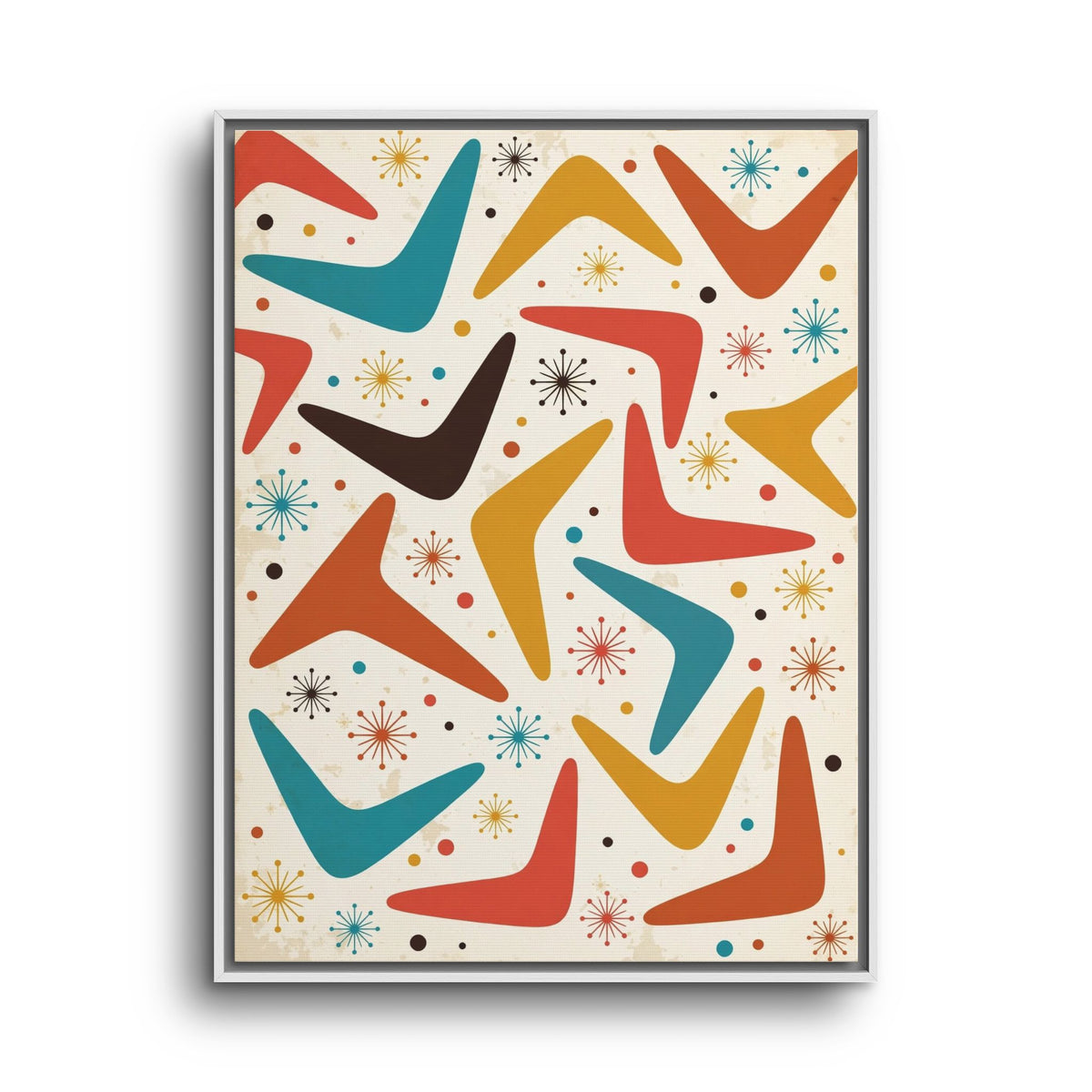 Mid Century Modern Boomerang Pattern Framed Canvas Wall Art, Retro 1950s Abstract Decor