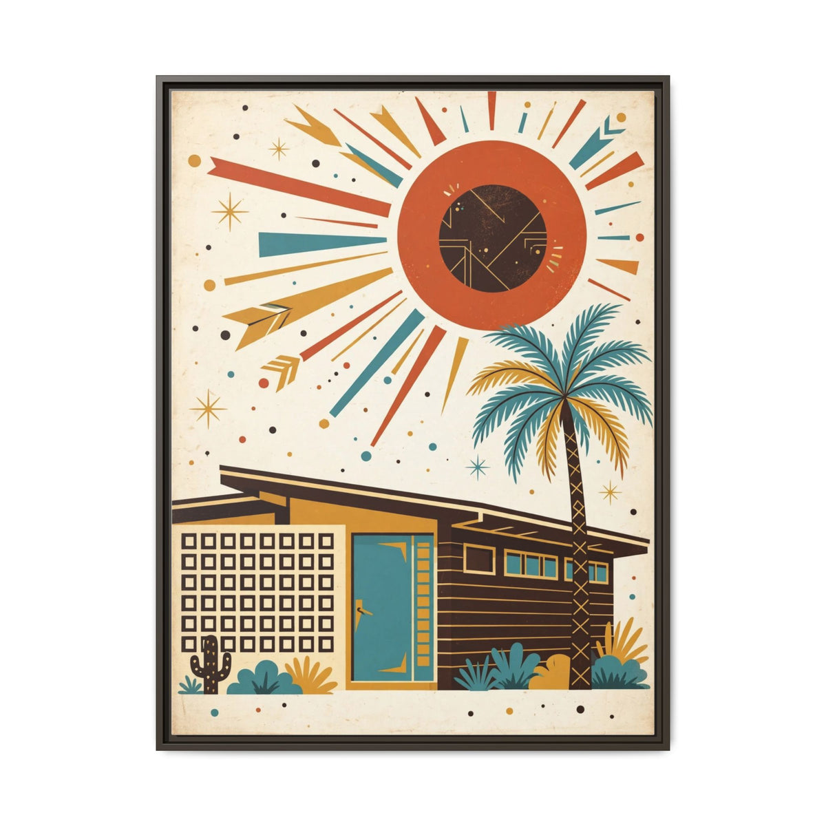 Mid Century Modern Palm Springs Framed Canvas Wall Art, Retro House Print, Teal Door Desert Decor