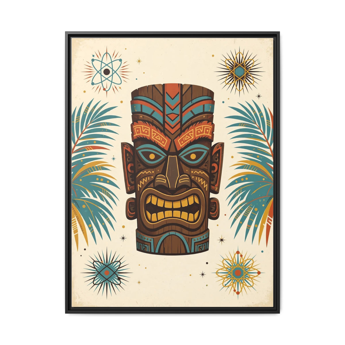 Mid Century Modern Tiki Framed Canvas Wall Art, Retro Tiki Bar Print, Palm Tropical 1950s Decor