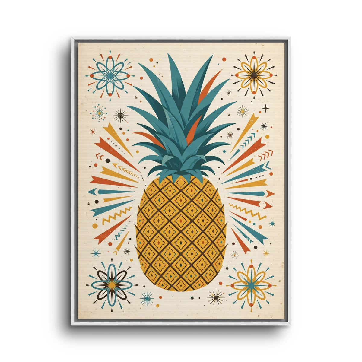 Mid Century Modern Pineapple Framed Canvas Wall Art, Retro Pineapple Print, 1950s Kitchen Decor