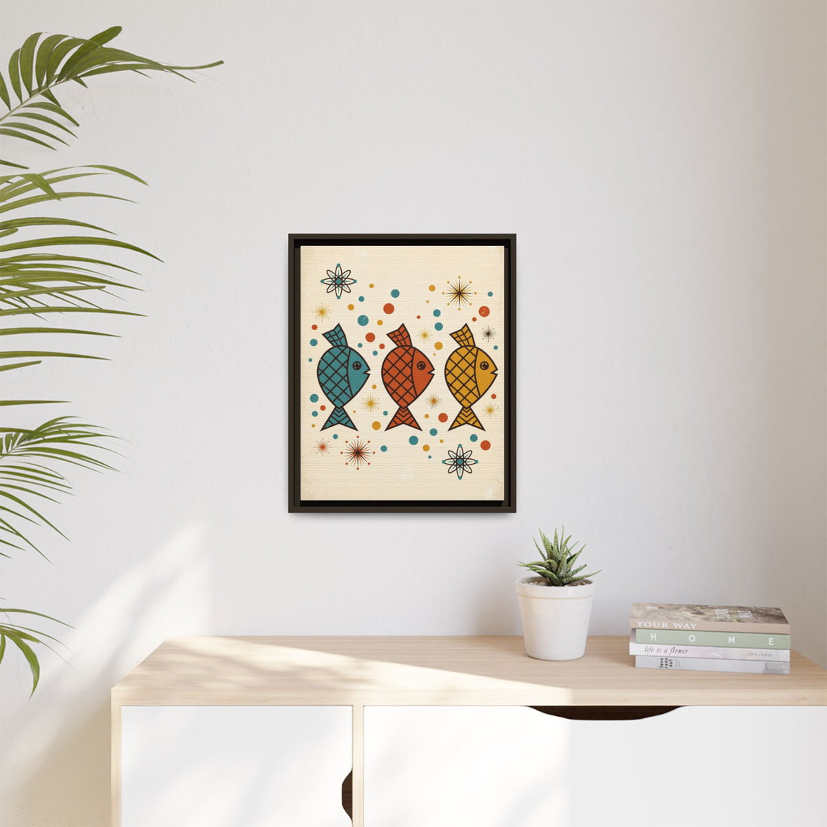Mid Century Modern Fish Framed Canvas Wall Art, Retro Atomic Fish Print, 1950s Bathroom Ocean Decor