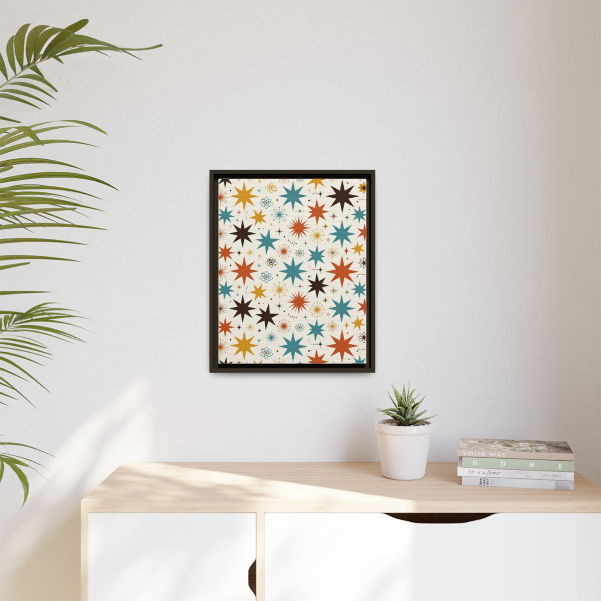 Mid Century Modern Starburst Framed Canvas Wall Art, Retro Star Pattern Print, 1950s Atomic Decor