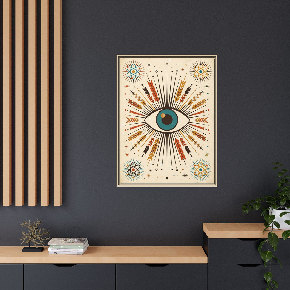Mid Century Modern Eyeball Framed Canvas Wall Art, Atomic Eye Print, Retro 1950s Starburst Decor