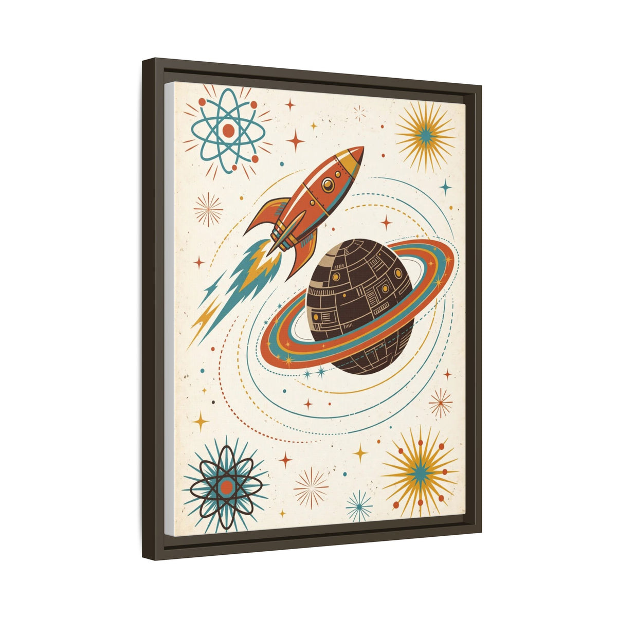 Mid Century Modern Rocket Framed Canvas Wall Art, Retro Space Age Print, 1950s Atomic Kids Room Decor