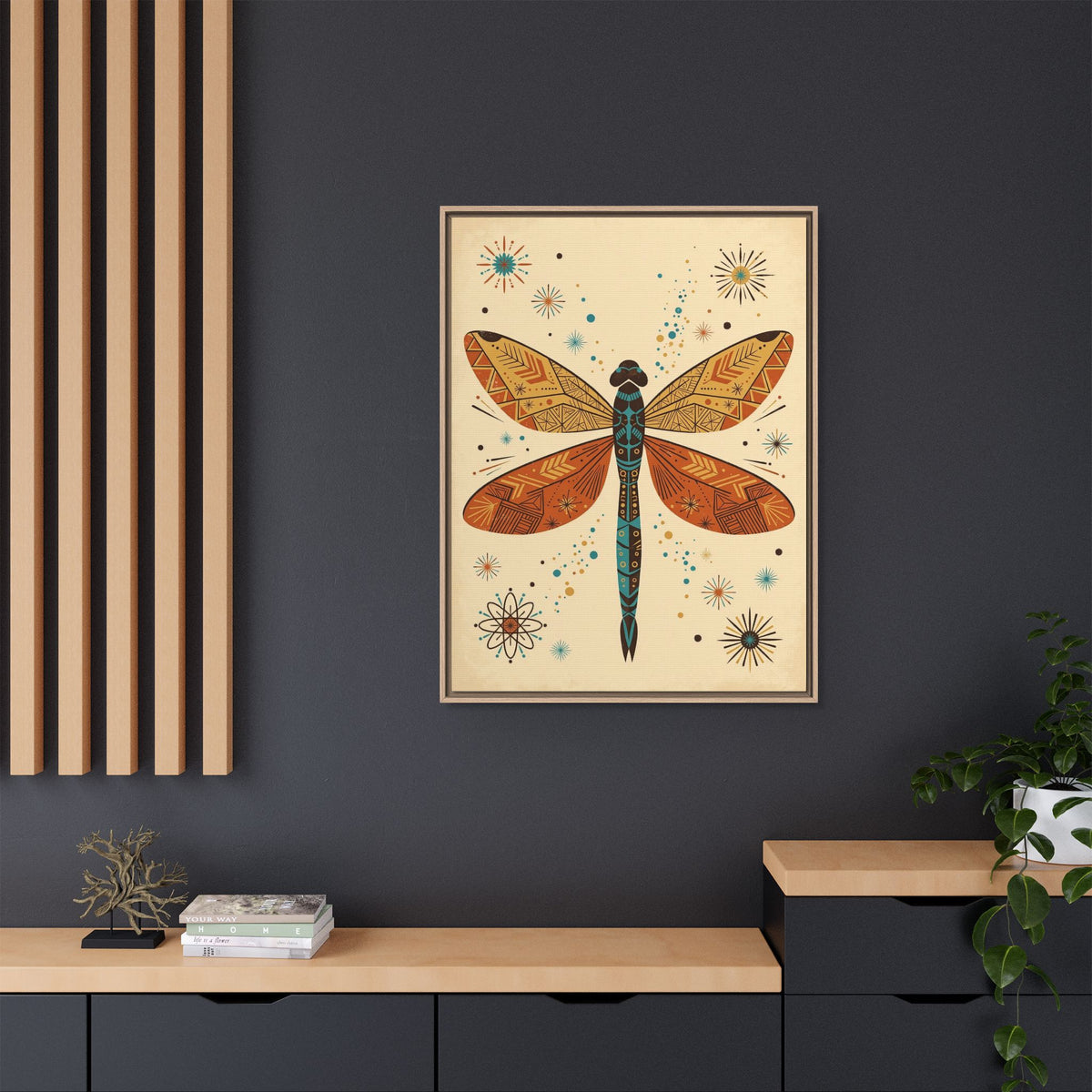 Mid Century Modern Dragonfly Framed Canvas Wall Art, Retro Dragonfly Print, 1950s Nature Decor
