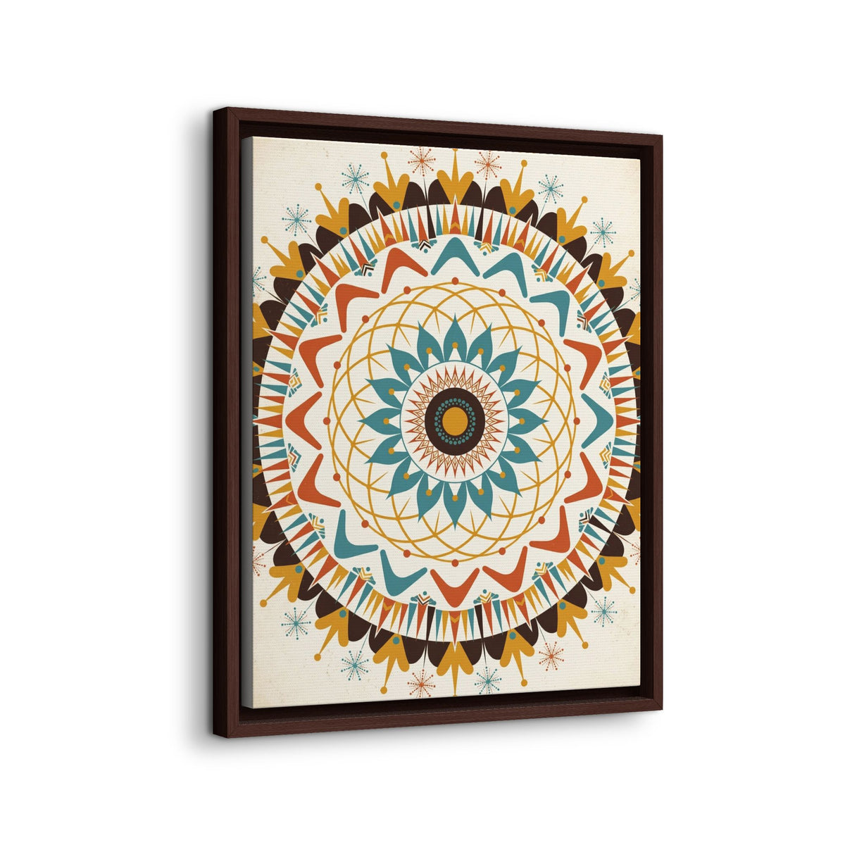 Mid Century Modern Mandala Framed Canvas Wall Art, Atomic Medallion Print, Retro Geometric Decor