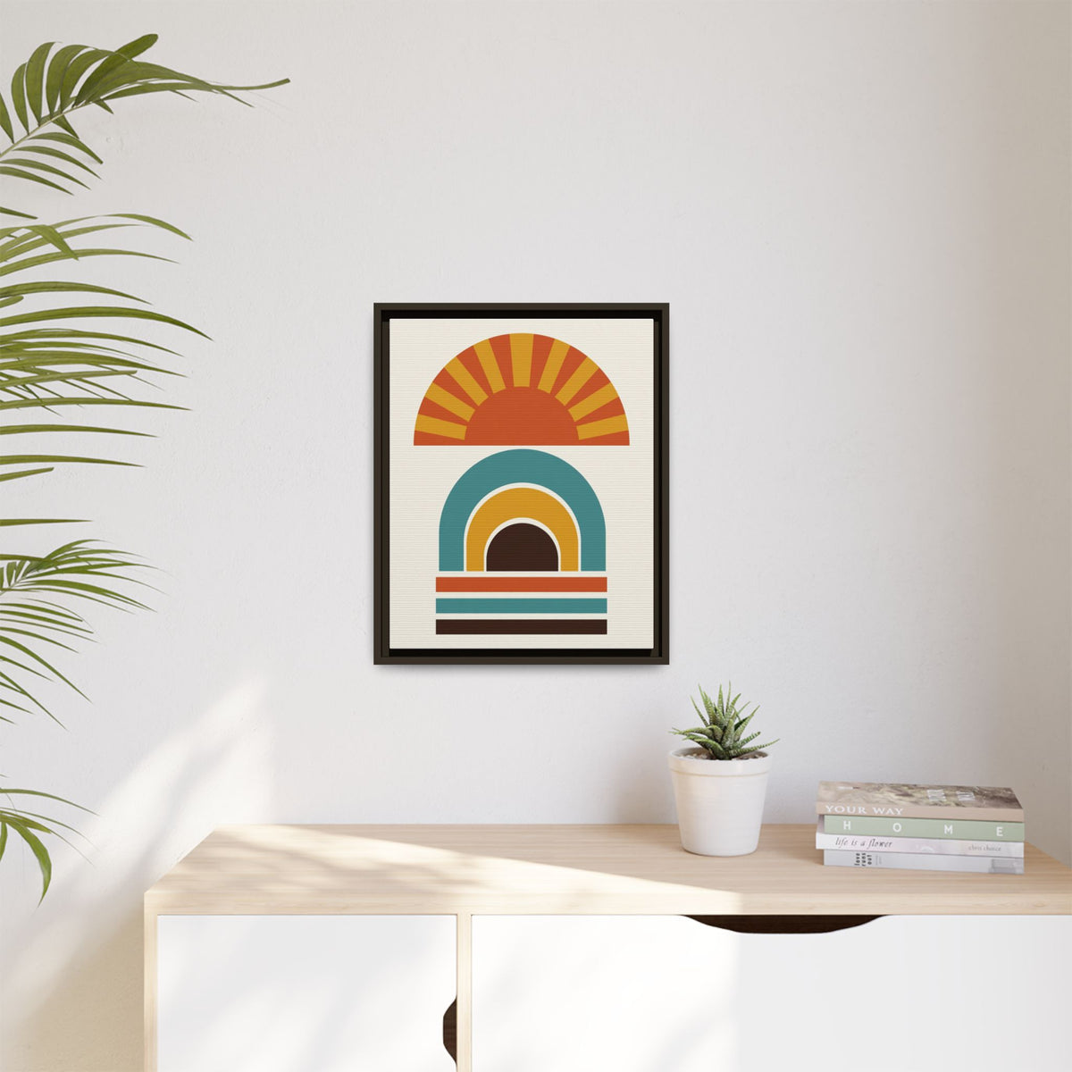 Mid Century Modern Geometric Sun Framed Canvas Wall Art, Retro Arch Print, Burnt Orange Teal Bedroom Decor