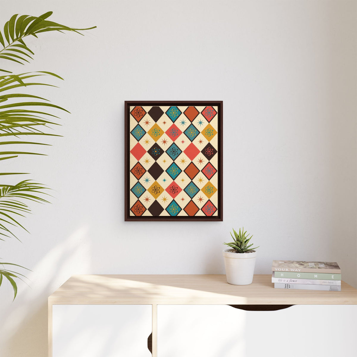 Mid Century Modern Atomic Diamonds Framed Canvas Wall Art, Retro Pattern Print, 1950s Abstract Decor