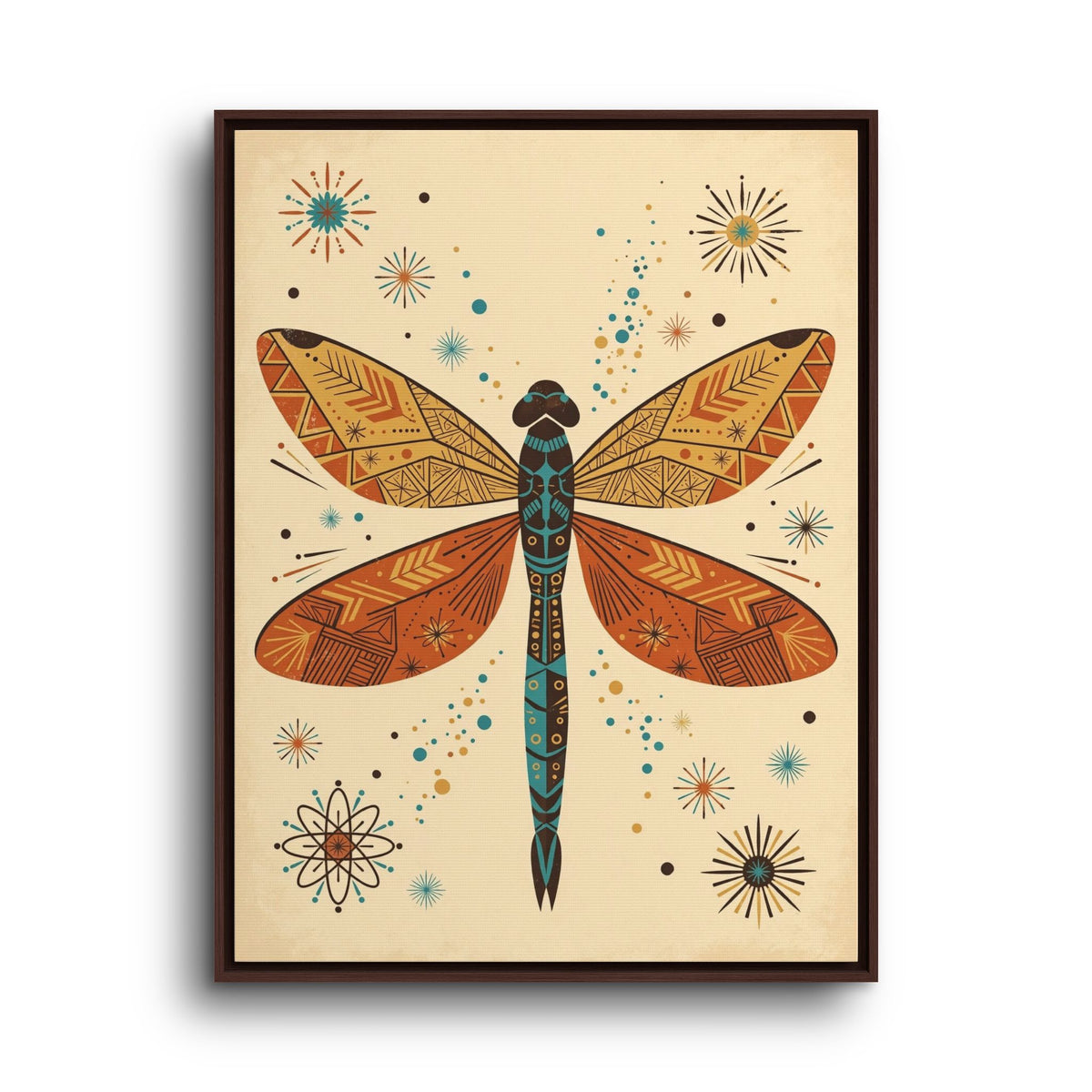 Mid Century Modern Dragonfly Framed Canvas Wall Art, Retro Dragonfly Print, 1950s Nature Decor