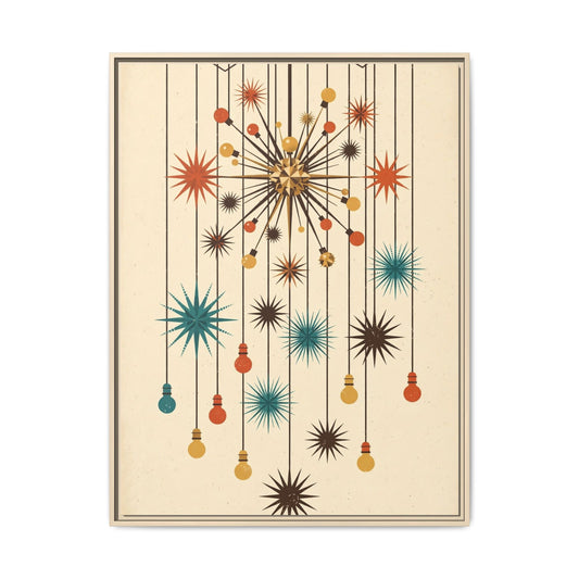 Mid Century Modern Sputnik Chandelier Framed Canvas Wall Art, Atomic Starburst Print, Retro 1950s Decor