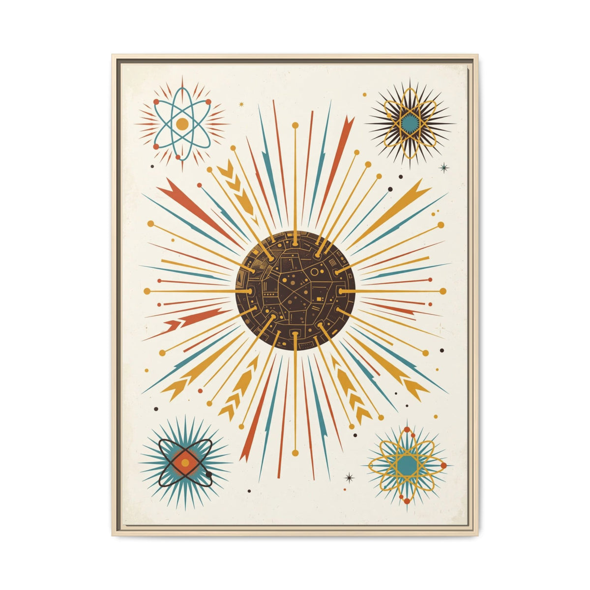 Mid Century Modern Atomic Starburst Framed Canvas Wall Art, Sputnik Print, Retro 1950s Living Room Decor