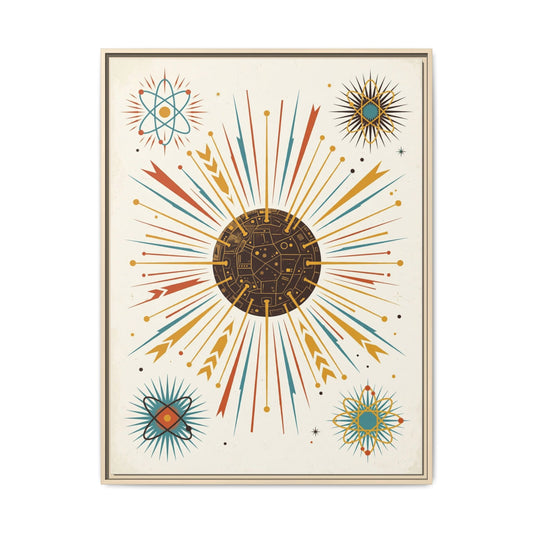 Mid Century Modern Atomic Starburst Framed Canvas Wall Art, Sputnik Print, Retro 1950s Living Room Decor