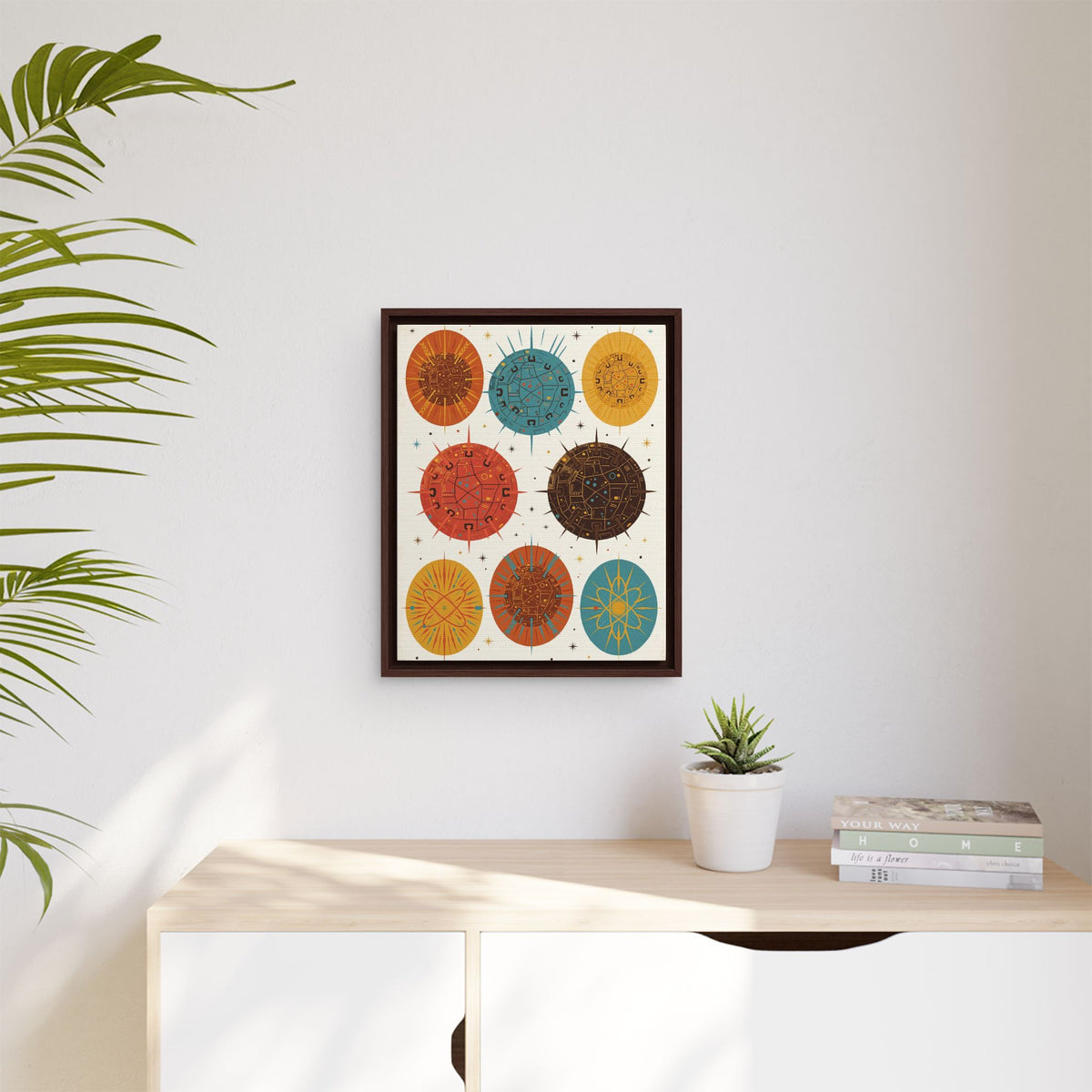 Mid Century Modern Starburst Medallions Framed Canvas Wall Art, Retro Pattern Print, 1950s Decor