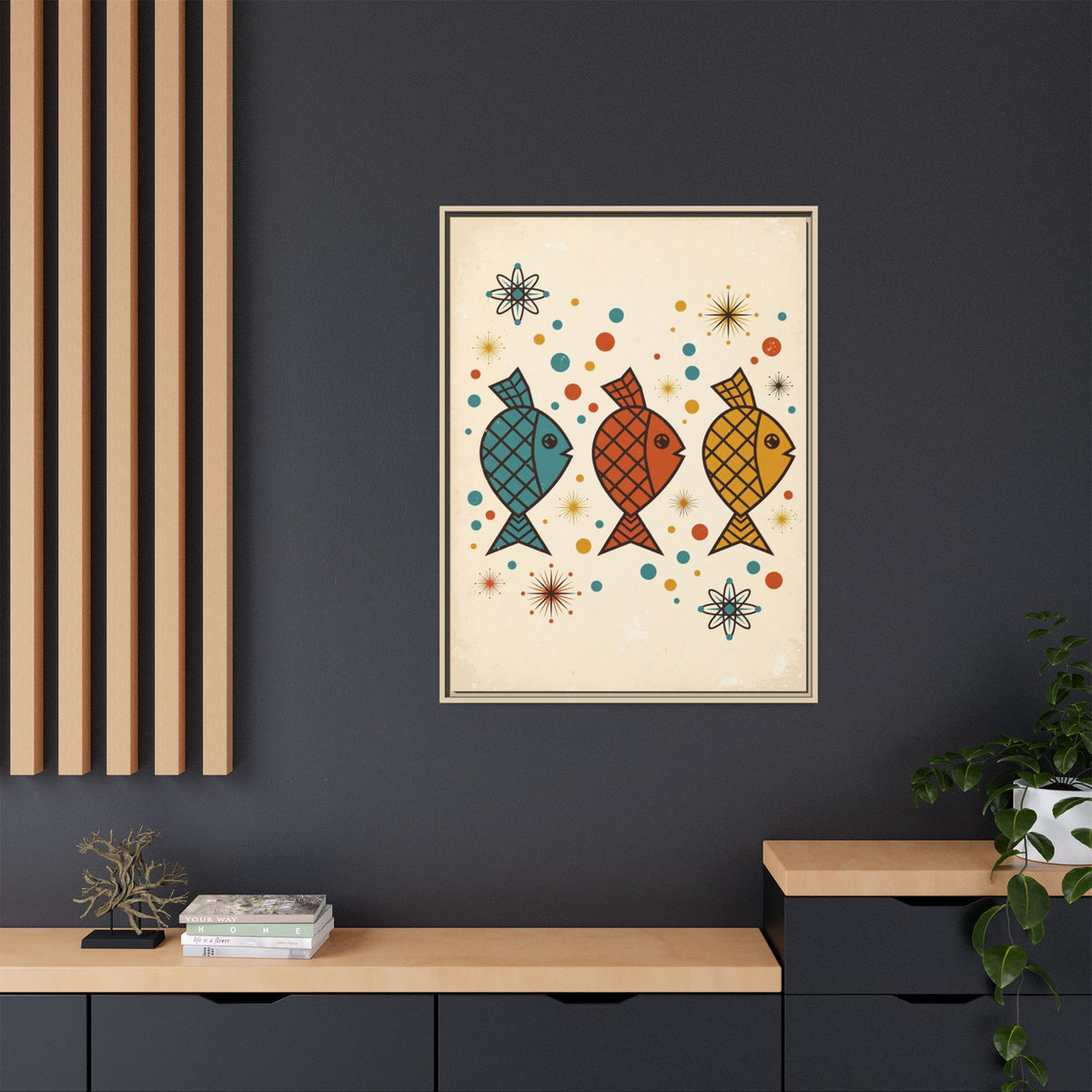 Mid Century Modern Fish Framed Canvas Wall Art, Retro Atomic Fish Print, 1950s Bathroom Ocean Decor