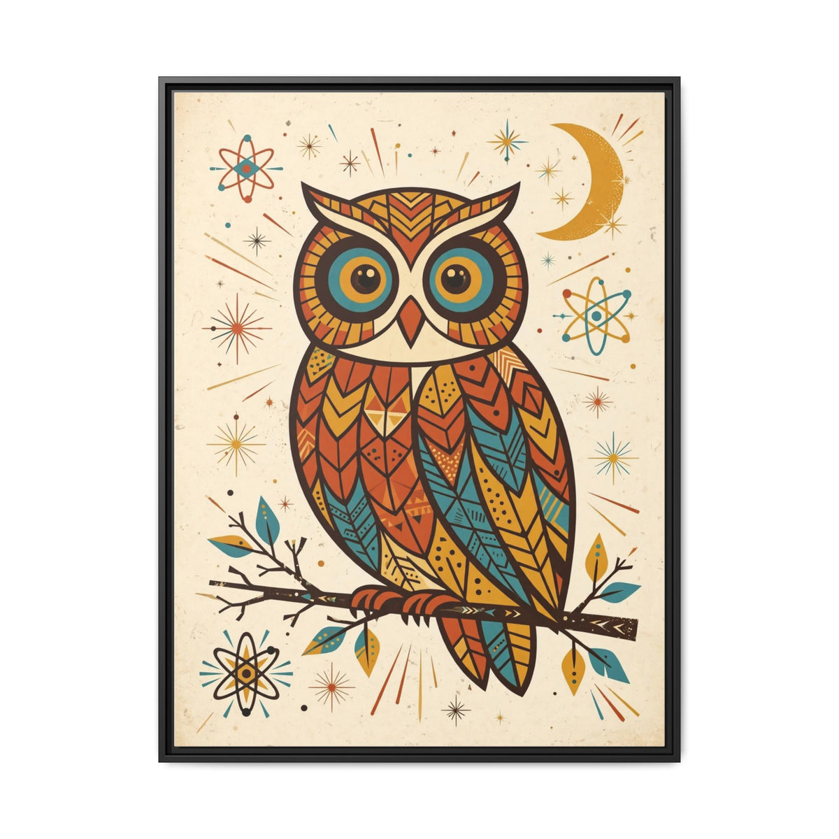 Mid Century Modern Owl Framed Canvas Wall Art, Retro Bird Print, 1950s Teal Orange Kids Room Decor