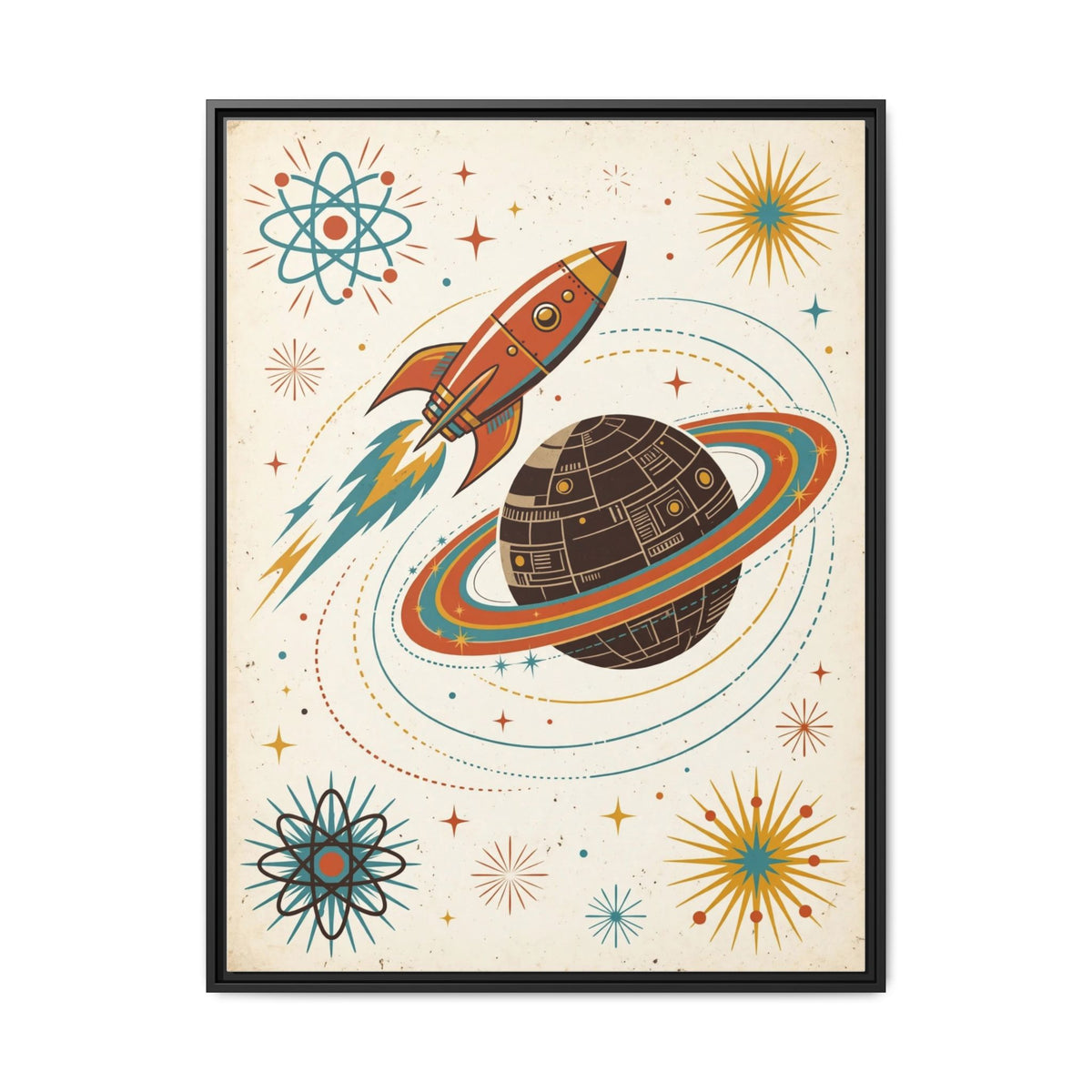 Mid Century Modern Rocket Framed Canvas Wall Art, Retro Space Age Print, 1950s Atomic Kids Room Decor
