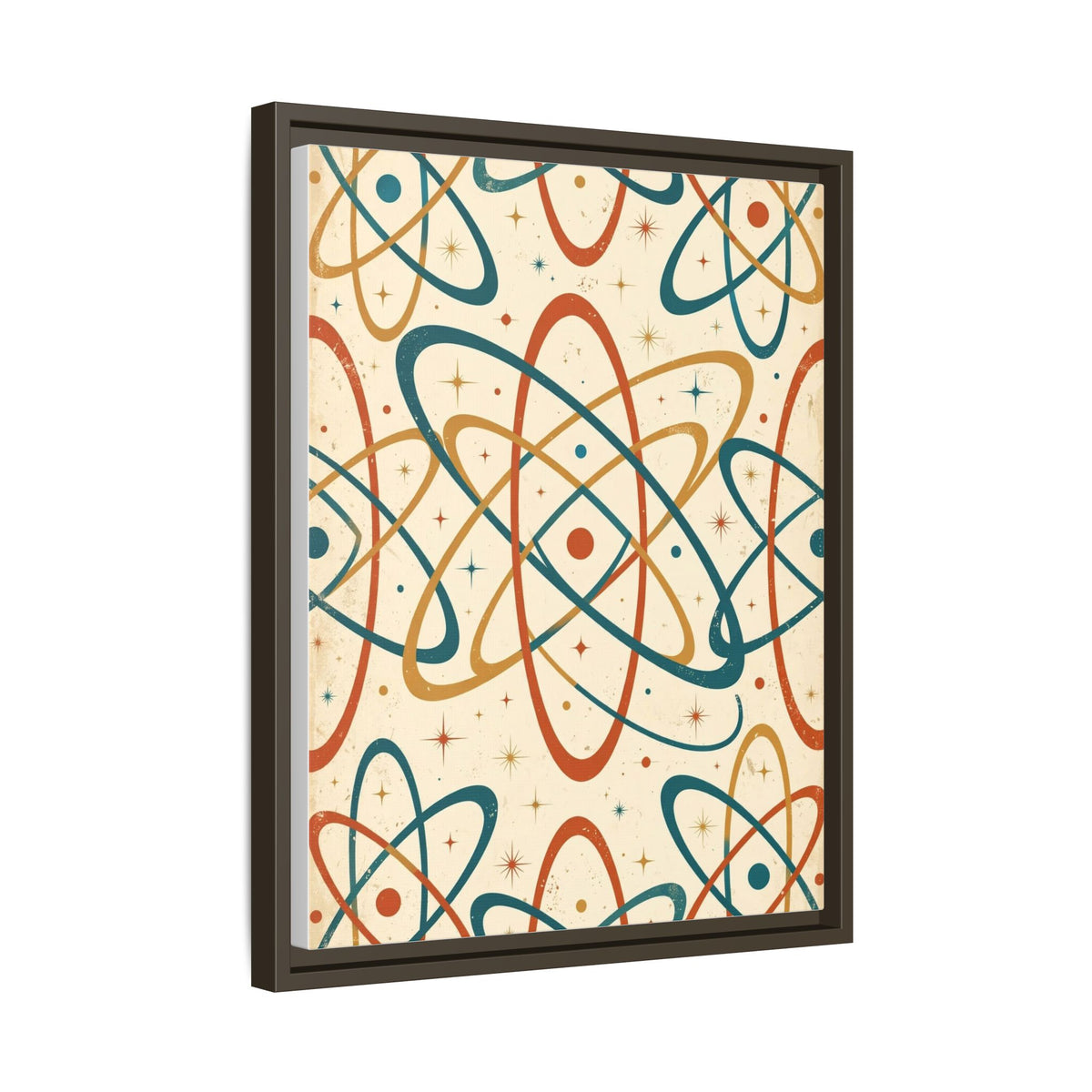 Mid Century Modern Atomic Orbit Framed Canvas Wall Art, Retro Atom Pattern Print, 1950s Teal Orange Decor