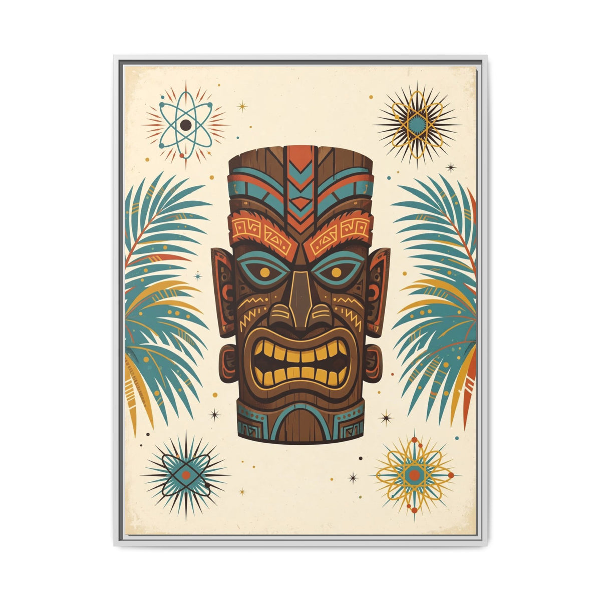 Mid Century Modern Tiki Framed Canvas Wall Art, Retro Tiki Bar Print, Palm Tropical 1950s Decor