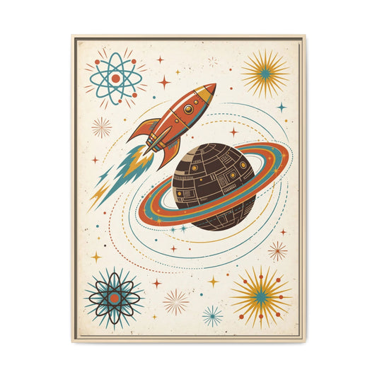 Mid Century Modern Rocket Framed Canvas Wall Art, Retro Space Age Print, 1950s Atomic Kids Room Decor