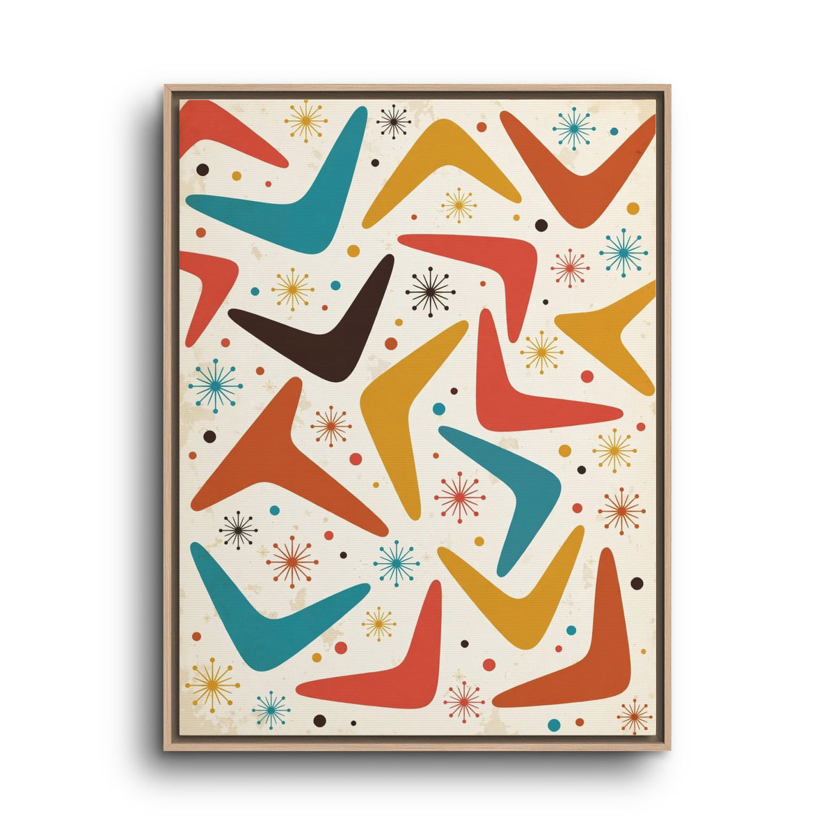 Mid Century Modern Boomerang Pattern Framed Canvas Wall Art, Retro 1950s Abstract Decor