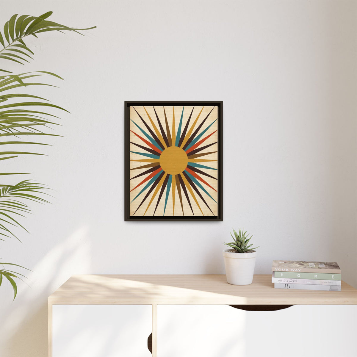 Mid Century Modern Starburst Sun Framed Canvas Wall Art, Retro Sunburst Print, 1950s Gold Teal Decor