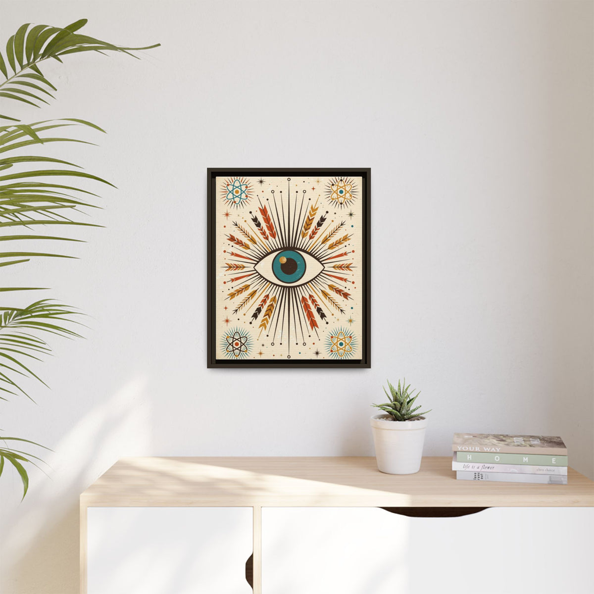 Mid Century Modern Eyeball Framed Canvas Wall Art, Atomic Eye Print, Retro 1950s Starburst Decor