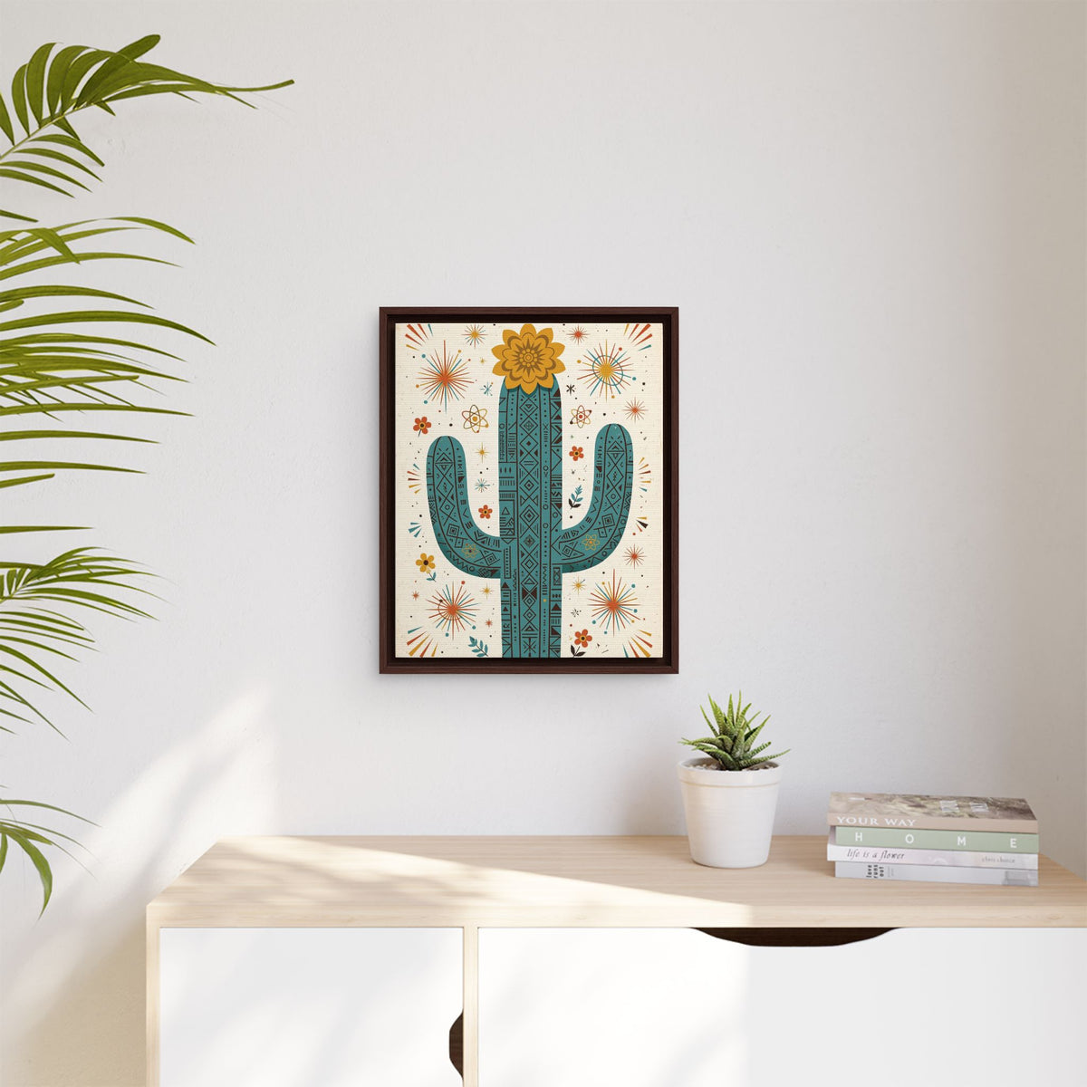 Mid Century Modern Cactus Framed Canvas Wall Art, Retro Saguaro Print, 1950s Desert Decor