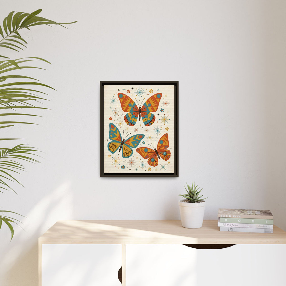 Mid Century Modern Butterfly Framed Canvas Wall Art, Retro Butterfly Print, 1950s Garden Decor