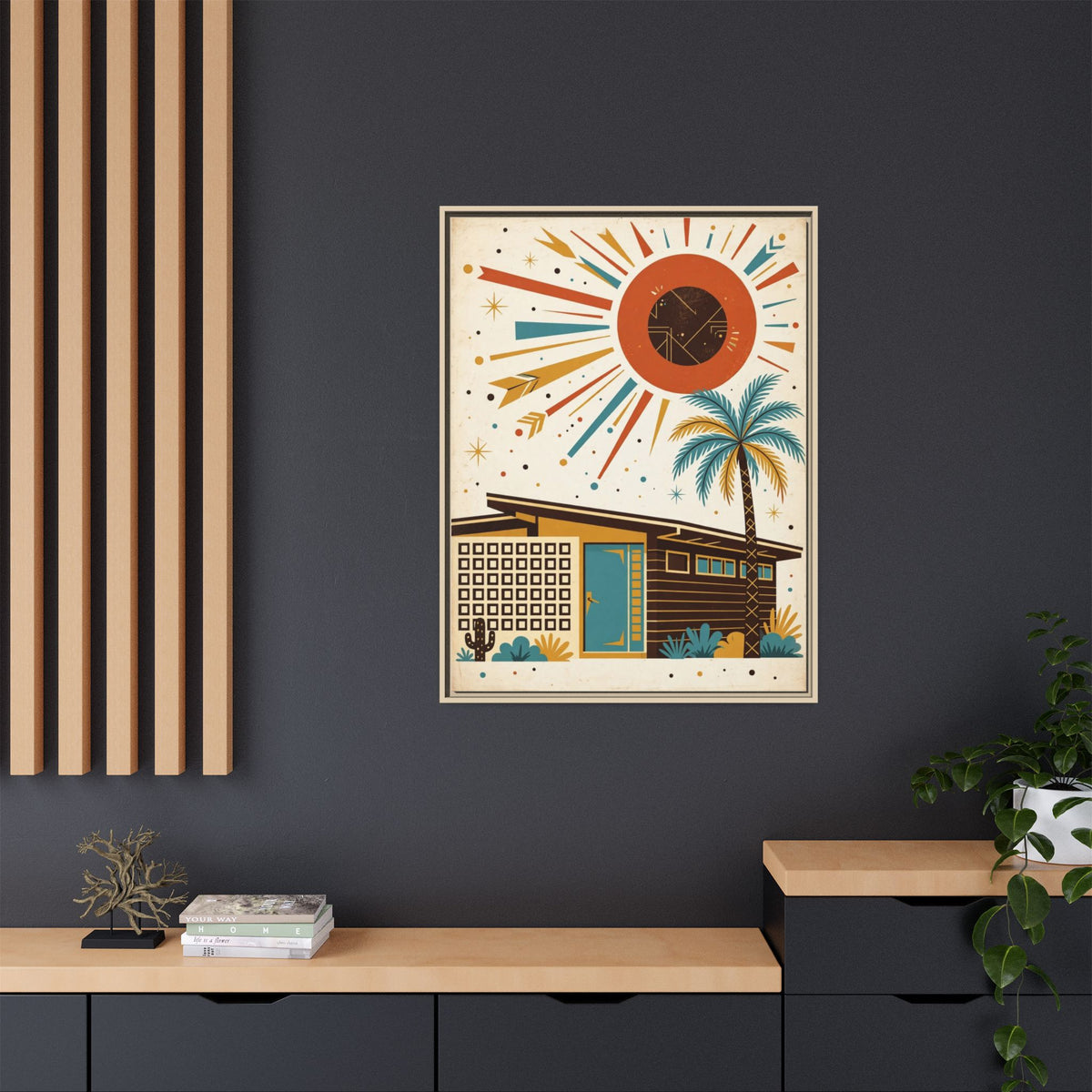 Mid Century Modern Palm Springs Framed Canvas Wall Art, Retro House Print, Teal Door Desert Decor