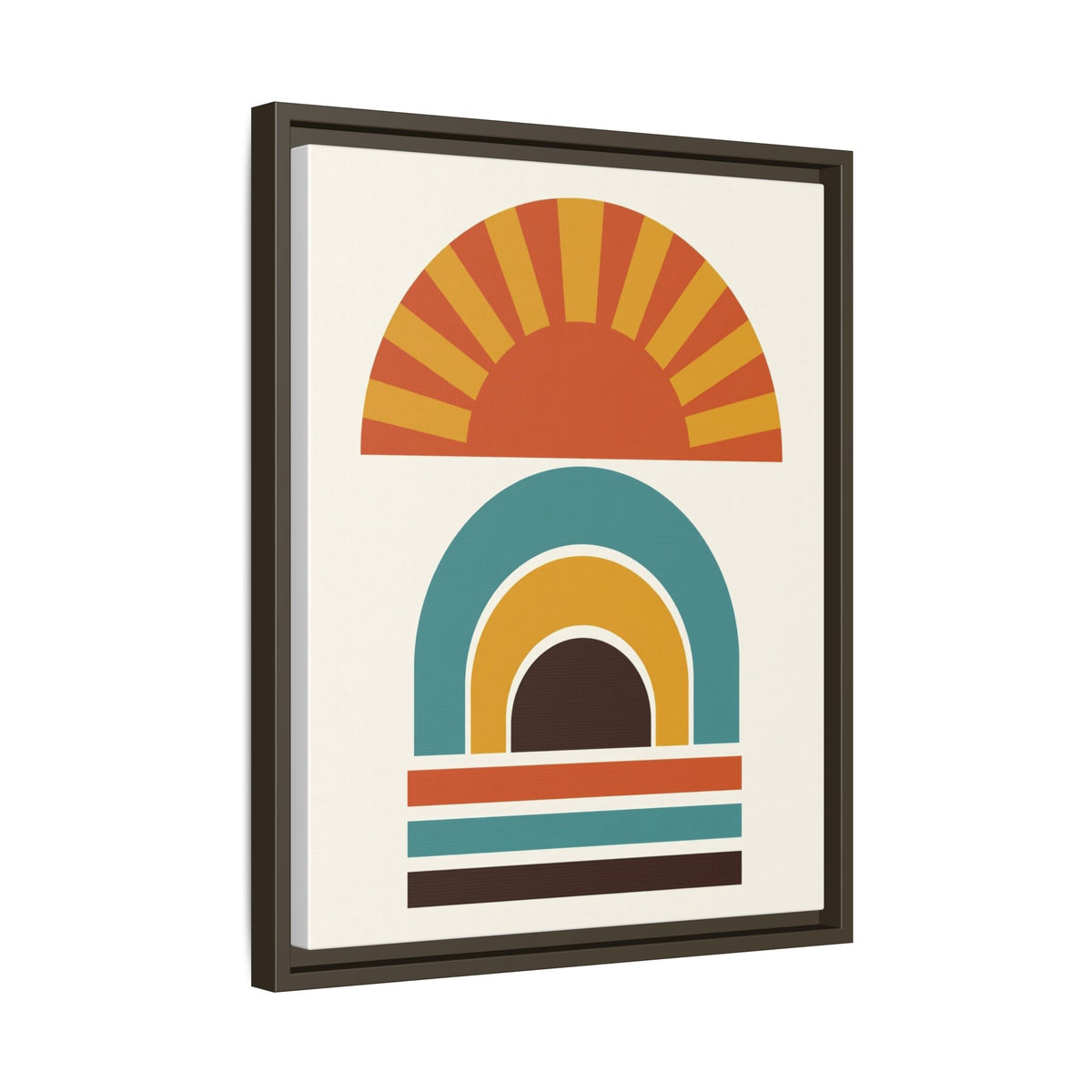 Mid Century Modern Geometric Sun Framed Canvas Wall Art, Retro Arch Print, Burnt Orange Teal Bedroom Decor