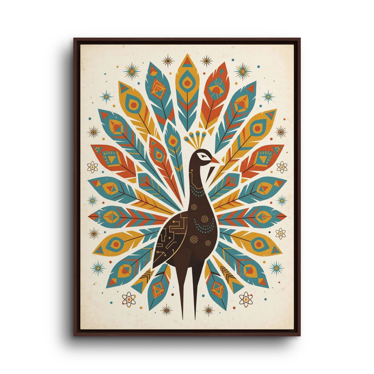 Mid Century Modern Peacock Framed Canvas Wall Art, Retro Peacock Print, 1950s Teal Gold Decor