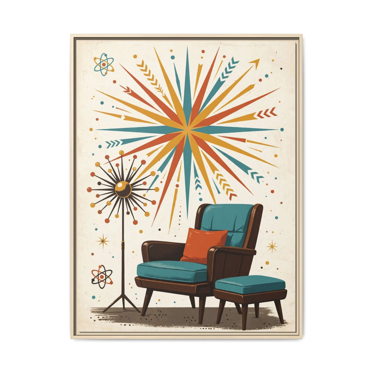Mid Century Modern Lounge Chair Framed Canvas Wall Art, Retro Furniture Print, 1950s Living Room Decor