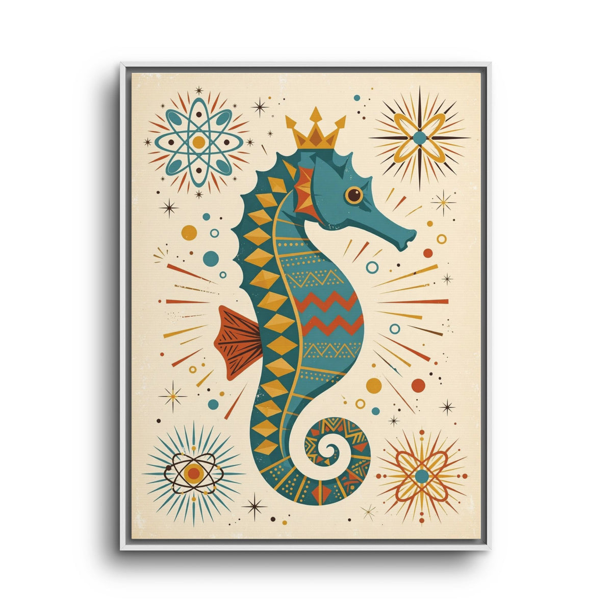 Mid Century Modern Seahorse Framed Canvas Wall Art, Retro Seahorse Print, 1950s Bathroom Ocean Decor
