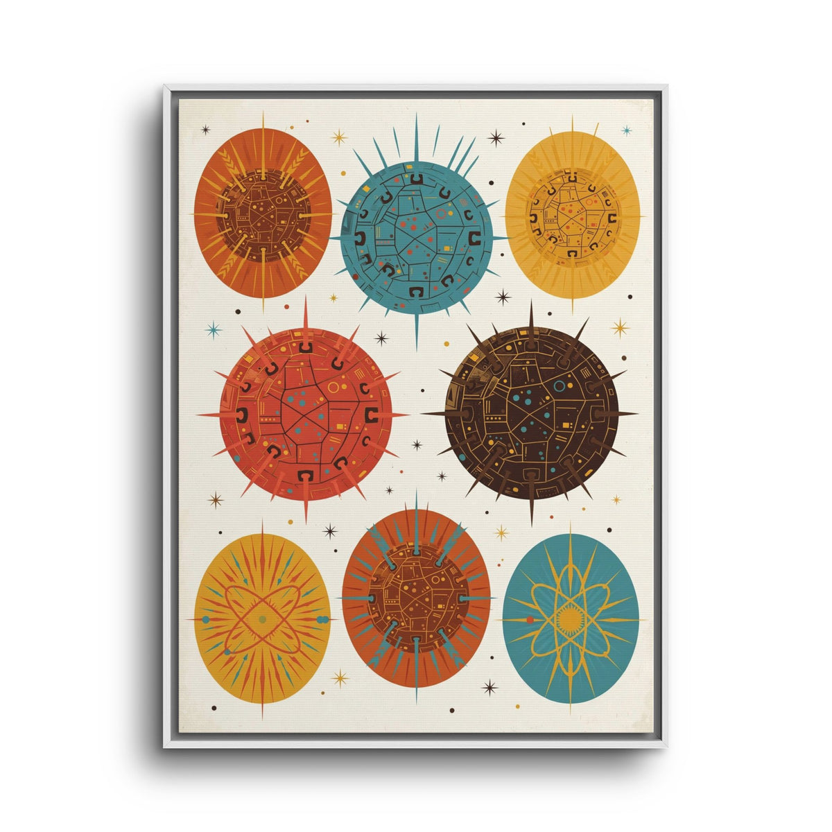 Mid Century Modern Starburst Medallions Framed Canvas Wall Art, Retro Pattern Print, 1950s Decor