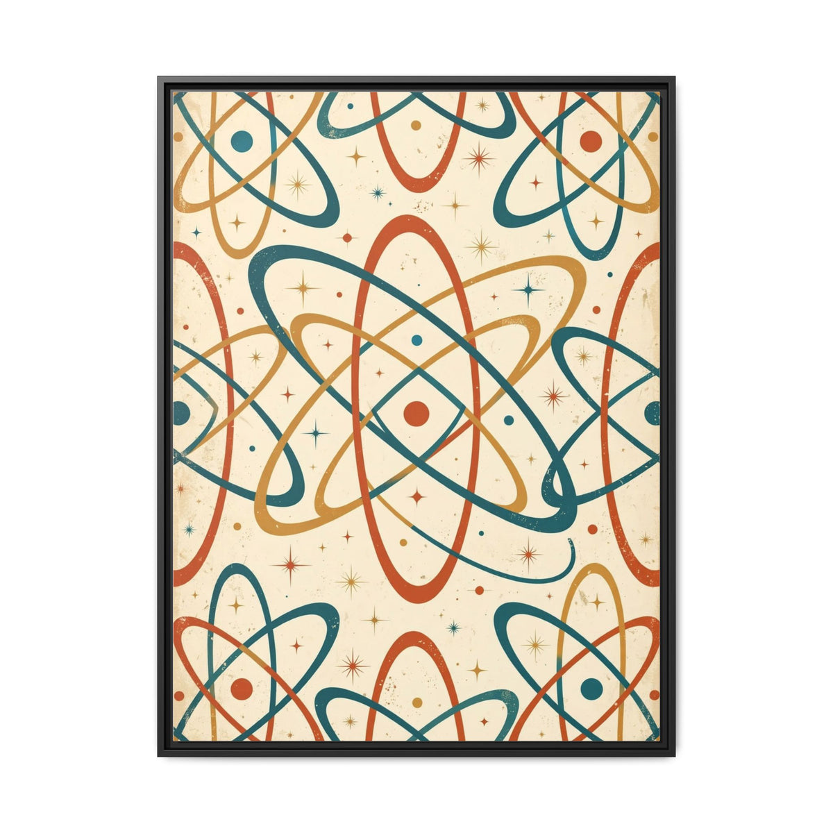 Mid Century Modern Atomic Orbit Framed Canvas Wall Art, Retro Atom Pattern Print, 1950s Teal Orange Decor