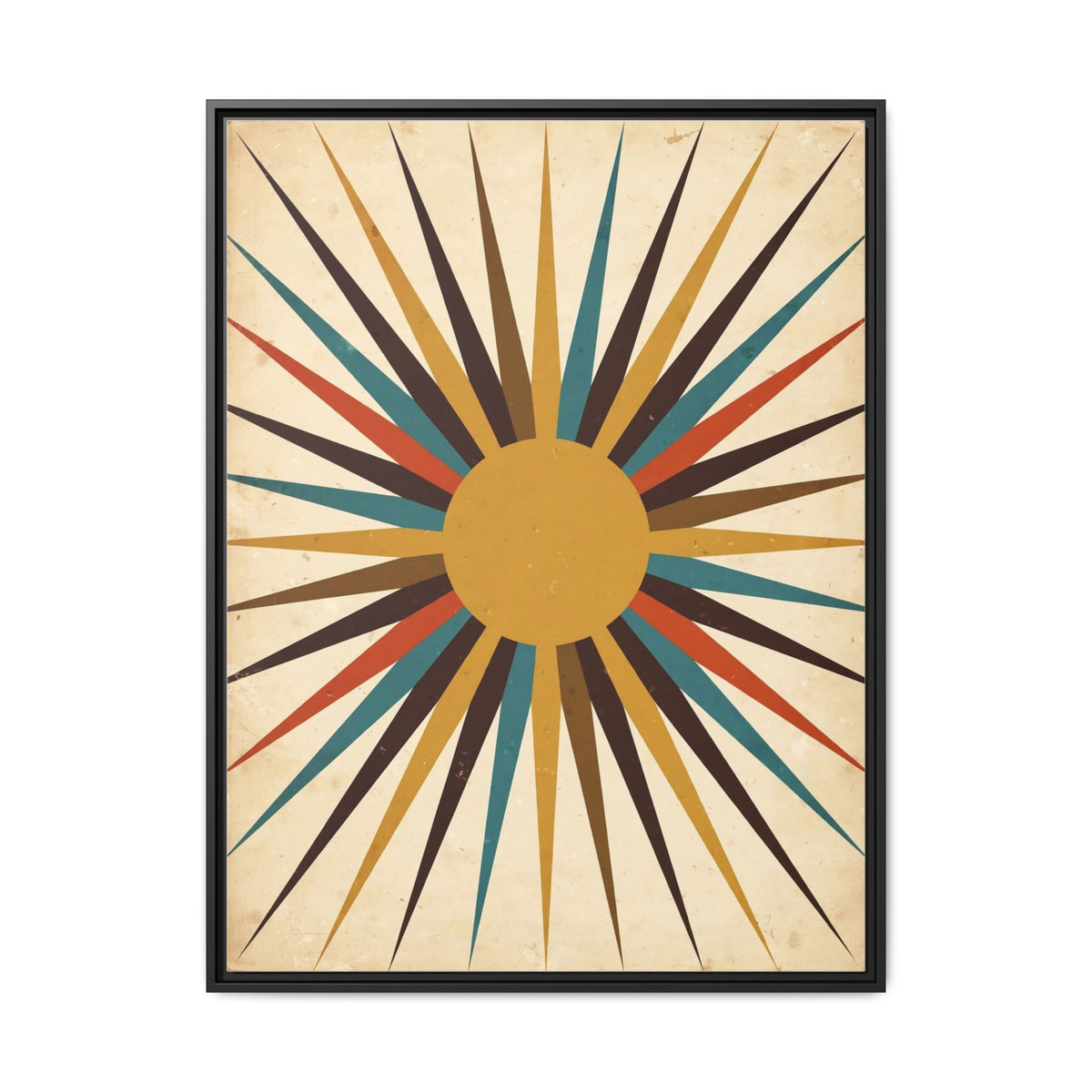 Mid Century Modern Starburst Sun Framed Canvas Wall Art, Retro Sunburst Print, 1950s Gold Teal Decor